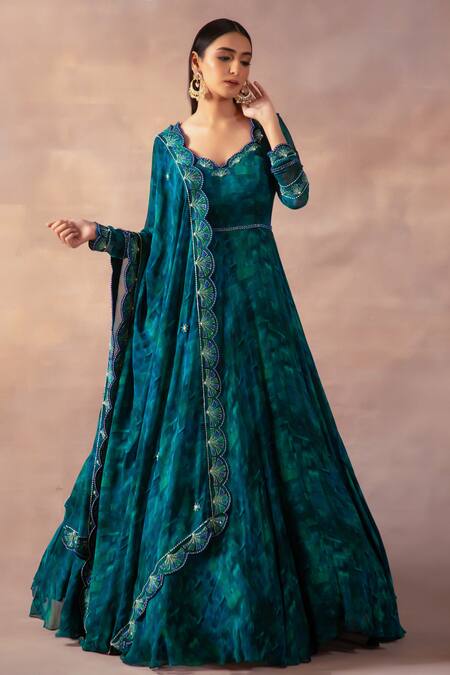 Buy Laxmishriali Emerald Green Georgette Pearls, Geometric Digital Print Anarkali With Dupatta Online at Aza Fashions Buy_Laxmishriali_Emerald Green Georgette Pearls, Geometric Digital Print Anarkali With Dupatta _Online_at_Aza_Fashions