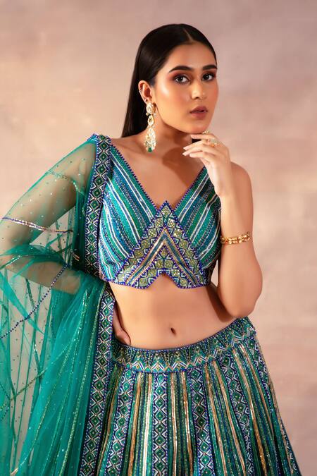 Laxmishriali Emerald Green Denim, Net, Silk Sequins, Beads V-neck Digital Printed Lehenga Set Online at Aza Fashions Laxmishriali_Emerald Green Denim, Net, Silk Sequins, Beads V-neck Digital Printed Lehenga Set _Online_at_Aza_Fashions