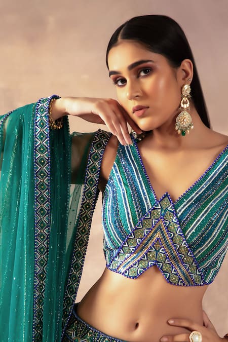 Buy Laxmishriali Emerald Green Denim, Net, Silk Sequins, Beads V-neck Digital Printed Lehenga Set Online at Aza Fashions Buy_Laxmishriali_Emerald Green Denim, Net, Silk Sequins, Beads V-neck Digital Printed Lehenga Set _Online_at_Aza_Fashions