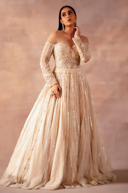 Luxury Pearl Beaded Wedding Dress V Neck Satin Ball Gown – alinanova