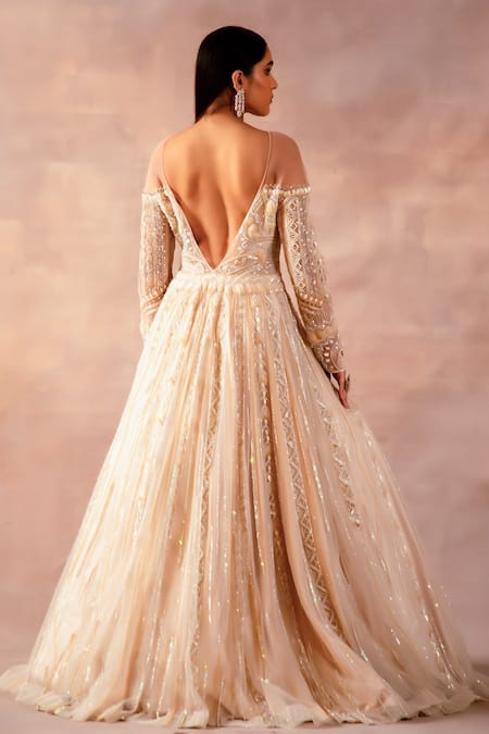 Shop Laxmishriali Gold Net Pearls, Sequins, Stones Round Neck Embroidered Gown at Aza Fashions Shop_Laxmishriali_Gold Net Pearls, Sequins, Stones Round Neck Embroidered Gown _at_Aza_Fashions