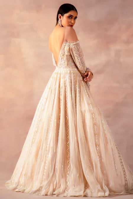 Laxmishriali Gold Net Pearls, Sequins, Stones Round Neck Embroidered Gown Online at Aza Fashions Laxmishriali_Gold Net Pearls, Sequins, Stones Round Neck Embroidered Gown _Online_at_Aza_Fashions