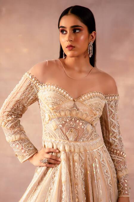 Buy Laxmishriali Gold Net Pearls, Sequins, Stones Round Neck Embroidered Gown Online at Aza Fashions Buy_Laxmishriali_Gold Net Pearls, Sequins, Stones Round Neck Embroidered Gown _Online_at_Aza_Fashions