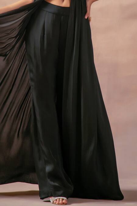 Laxmishriali_Black Silk Cut Work, Beads, Sequins V-neck Embroidered Crop Top And Pant Set _Online_at_Aza_Fashions