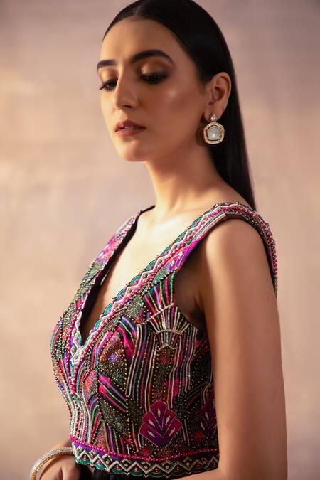 Shop_Laxmishriali_Black Silk Cut Work, Beads, Sequins V-neck Embroidered Crop Top And Pant Set _Online_at_Aza_Fashions