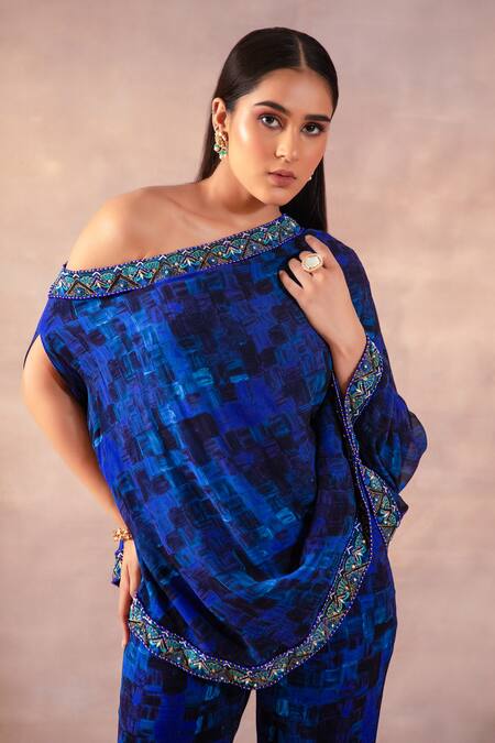 Buy_Laxmishriali_Blue Georgette Pearls, Beads Asymmetric Square Print Top And Flared Pant Set _Online_at_Aza_Fashions