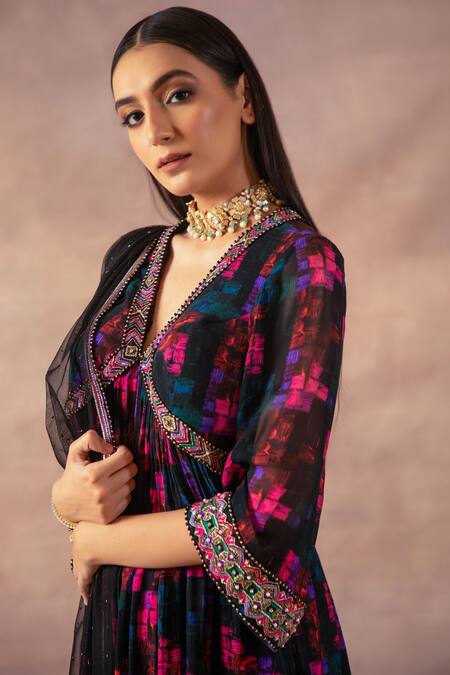 Laxmishriali_Black Georgette, Net Embroidery, Cut Work, Geometric Digital Print Anarkali Set _Online_at_Aza_Fashions