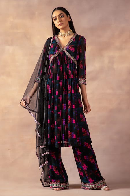 Buy_Laxmishriali_Black Georgette, Net Embroidery, Cut Work, Geometric Digital Print Anarkali Set _Online_at_Aza_Fashions