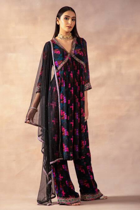 Shop_Laxmishriali_Black Georgette, Net Embroidery, Cut Work, Geometric Digital Print Anarkali Set _Online_at_Aza_Fashions