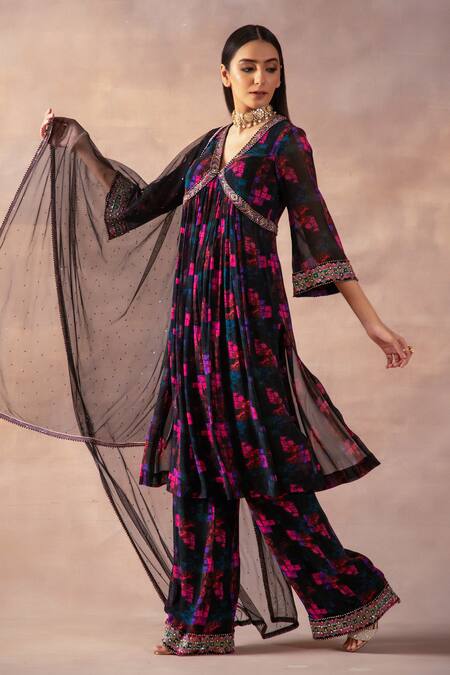 Laxmishriali_Black Georgette, Net Embroidery, Cut Work, Geometric Digital Print Anarkali Set _at_Aza_Fashions