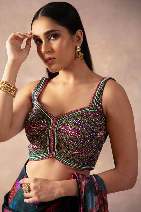 Laxmishriali_Black Satin Beads, Pearls, Sequins Printed Pre-draped Saree With Blouse _Online_at_Aza_Fashions