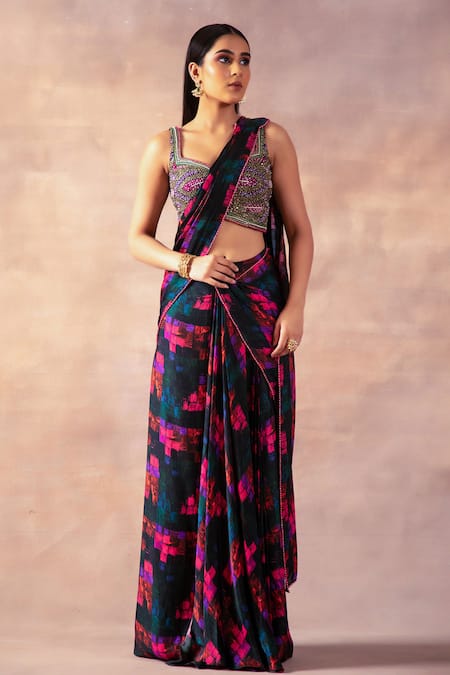 Buy_Laxmishriali_Black Satin Beads, Pearls, Sequins Printed Pre-draped Saree With Blouse _Online_at_Aza_Fashions