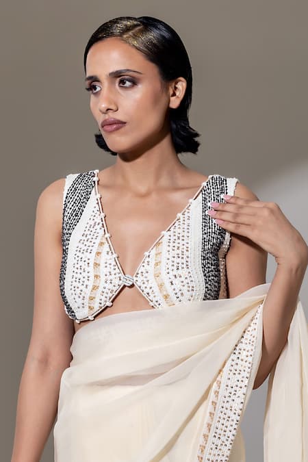 Kusmi_Ivory 100% Handwoven Cotton Hand Embroidered Beads Deep V Neck Blouse _Online_at_Aza_Fashions