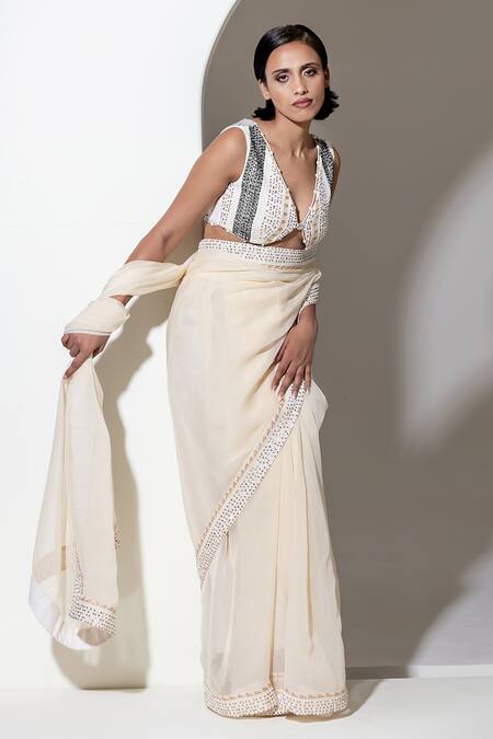 Buy_Kusmi_Ivory 100% Handwoven Cotton Hand Embroidered Beads Deep V Neck Blouse _Online_at_Aza_Fashions