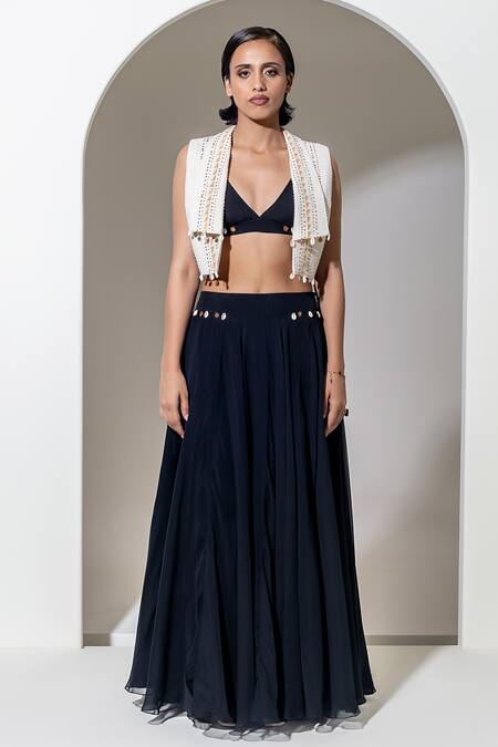 Kusmi Black Organza Beads, Sequins, Pearls Skirt Set With Hand Embroidered Jacket Online at Aza Fashions Kusmi_Black Organza Beads, Sequins, Pearls Skirt Set With Hand Embroidered Jacket _Online_at_Aza_Fashions