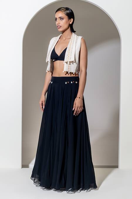 Kusmi Black Organza Beads, Sequins, Pearls Skirt Set With Hand Embroidered Jacket at Aza Fashions Kusmi_Black Organza Beads, Sequins, Pearls Skirt Set With Hand Embroidered Jacket _at_Aza_Fashions