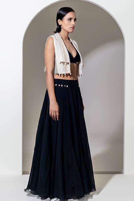 Buy Kusmi Black Organza Beads, Sequins, Pearls Skirt Set With Hand Embroidered Jacket Buy_Kusmi_Black Organza Beads, Sequins, Pearls Skirt Set With Hand Embroidered Jacket