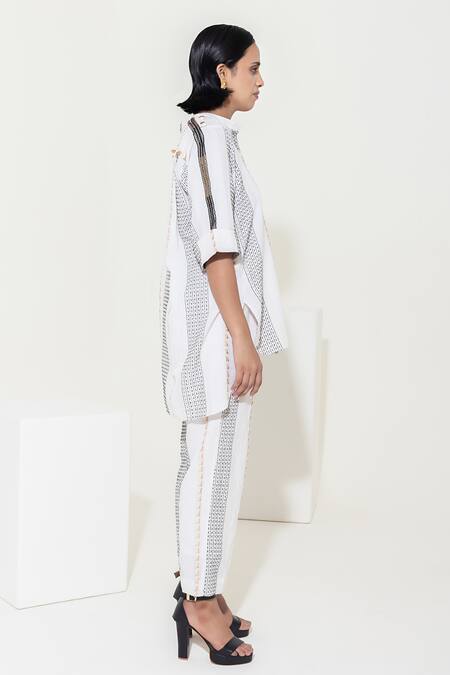 Kusmi_Ivory Cotton Sequins, Embroidery Bandeau Neck Hand Shirt And Pant Set _at_Aza_Fashions