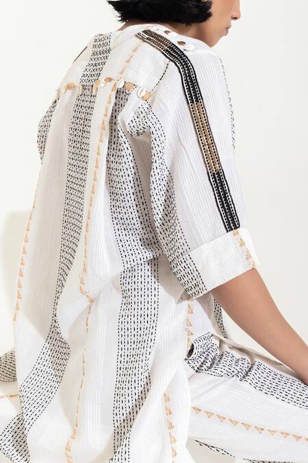 Buy_Kusmi_Ivory Cotton Sequins, Embroidery Bandeau Neck Hand Shirt And Pant Set 