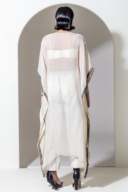 Shop_Kusmi_Ivory Organza Sequins, Beads V-neck Hand Embroidered Kaftan Set _at_Aza_Fashions