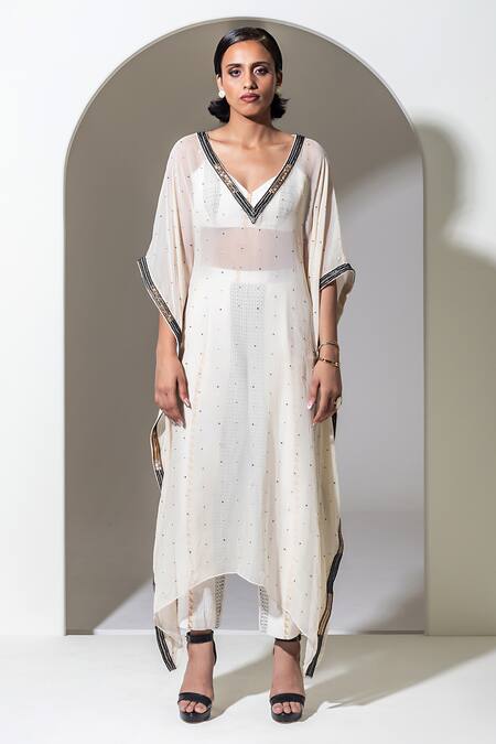 Kusmi_Ivory Organza Sequins, Beads V-neck Hand Embroidered Kaftan Set _Online_at_Aza_Fashions
