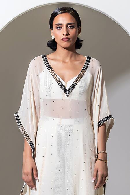 Buy_Kusmi_Ivory Organza Sequins, Beads V-neck Hand Embroidered Kaftan Set _Online_at_Aza_Fashions