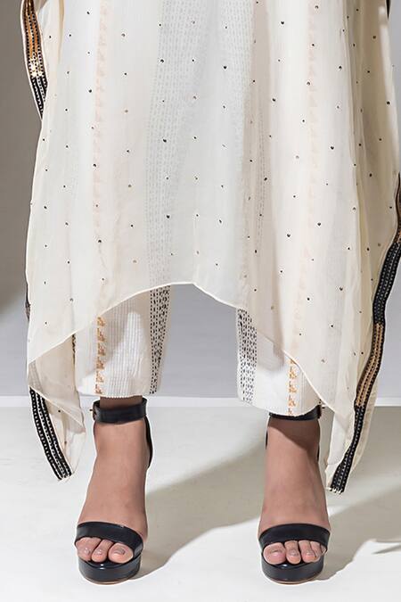 Shop_Kusmi_Ivory Organza Sequins, Beads V-neck Hand Embroidered Kaftan Set _Online_at_Aza_Fashions