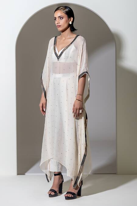 Kusmi_Ivory Organza Sequins, Beads V-neck Hand Embroidered Kaftan Set _at_Aza_Fashions