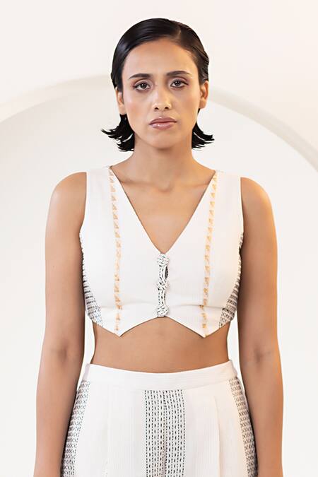 Kusmi_Ivory Cotton Embroidery V-neck Hand Waistcoat And Pant Set _Online_at_Aza_Fashions