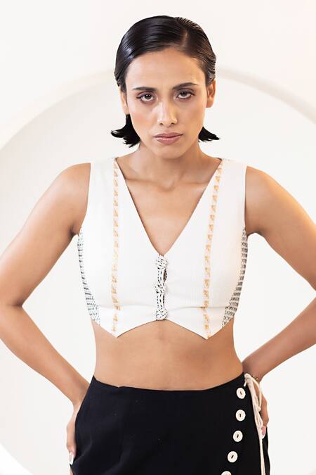 Kusmi_Black Cotton Embroidery V-neck Handwoven Wrap Skirt With Waistcoat _Online_at_Aza_Fashions