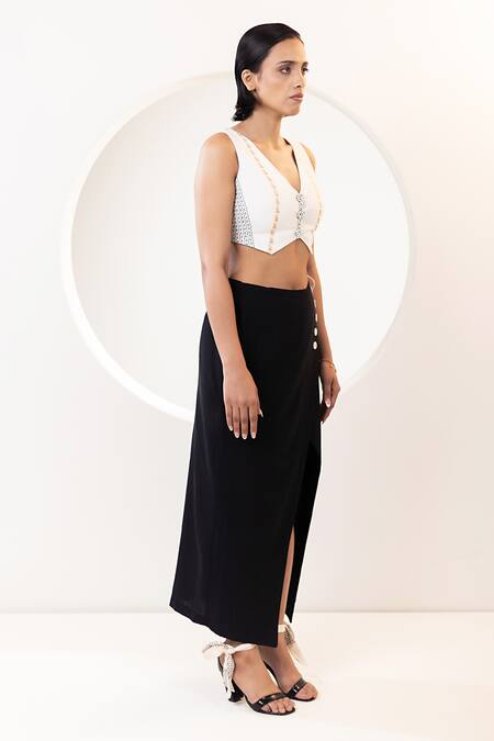 Buy_Kusmi_Black Cotton Embroidery V-neck Handwoven Wrap Skirt With Waistcoat _Online_at_Aza_Fashions
