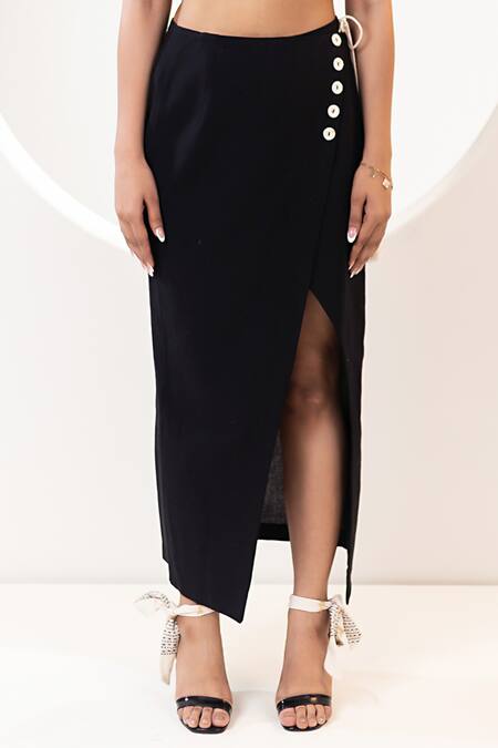 Shop_Kusmi_Black Cotton Embroidery V-neck Handwoven Wrap Skirt With Waistcoat _Online_at_Aza_Fashions