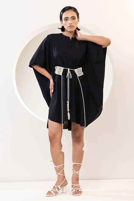 KUSMI Black 100% Handwoven Cotton Solid Stand Collar Dress With Tie-up Belt 