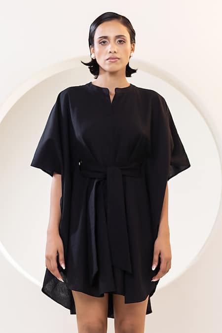 Shop Kusmi Black Cotton Collared Solid Dress With Tie-up Belt Online at Aza Fashions Shop_Kusmi_Black Cotton Collared Solid Dress With Tie-up Belt _Online_at_Aza_Fashions