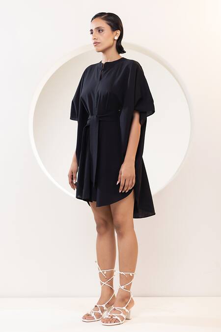 Kusmi Black Cotton Collared Solid Dress With Tie-up Belt at Aza Fashions Kusmi_Black Cotton Collared Solid Dress With Tie-up Belt _at_Aza_Fashions