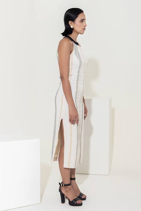 Shop Kusmi Ivory Handloom Cotton Beads Halter Neck Embroidered Midi Bodycon Dress Online at Aza Fashions Shop_Kusmi_Ivory Handloom Cotton Beads Halter Neck Embroidered Midi Bodycon Dress _Online_at_Aza_Fashions