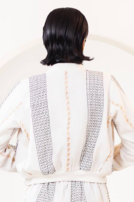 Buy_Kusmi_Ivory Cotton Embroidery Round Neck Hand Bomber Jacket 