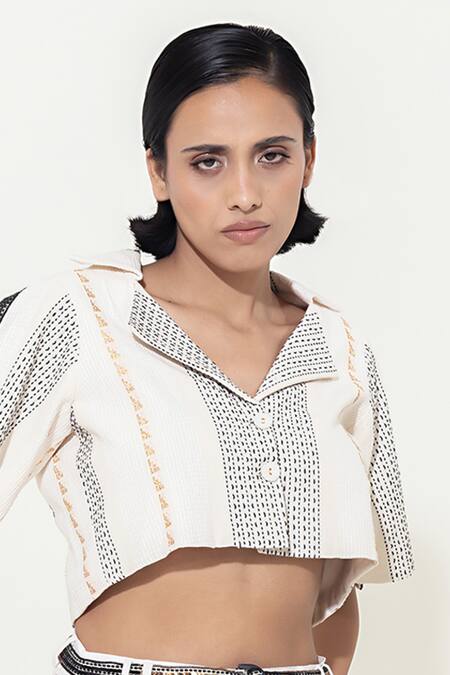 Kusmi Ivory Cotton Embroidery Collared Hand Jacket at Aza Fashions Kusmi_Ivory Cotton Embroidery Collared Hand Jacket _at_Aza_Fashions