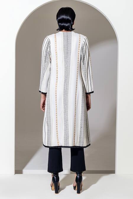 Shop_Kusmi_Ivory Cotton Sequins, Embroidery Round Neck Hand Long Jacket _at_Aza_Fashions