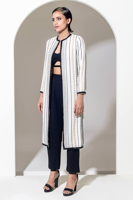 Kusmi_Ivory Cotton Sequins, Embroidery Round Neck Hand Long Jacket _Online_at_Aza_Fashions