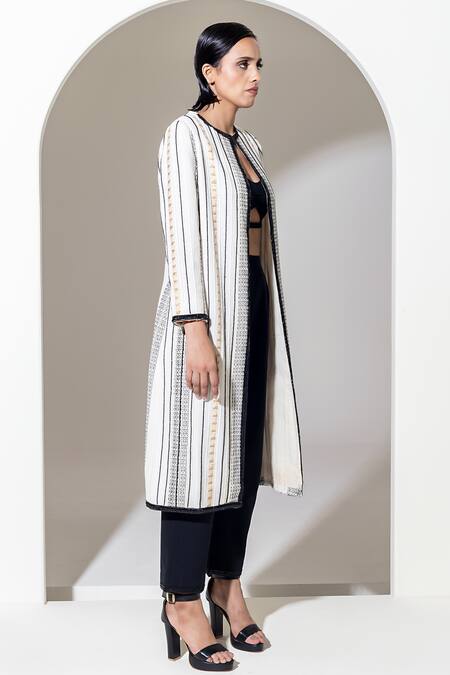 Buy_Kusmi_Ivory Cotton Sequins, Embroidery Round Neck Hand Long Jacket _Online_at_Aza_Fashions
