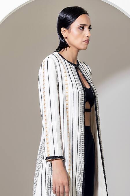 Shop_Kusmi_Ivory Cotton Sequins, Embroidery Round Neck Hand Long Jacket _Online_at_Aza_Fashions