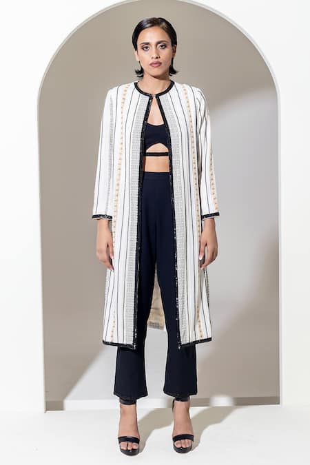 Kusmi_Ivory Cotton Sequins, Embroidery Round Neck Hand Long Jacket _at_Aza_Fashions