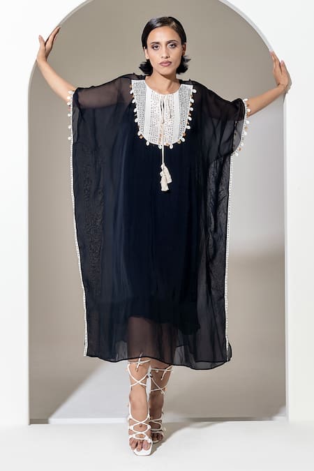 KUSMI Black Organza Embroidered Round Kaftan With Slip 