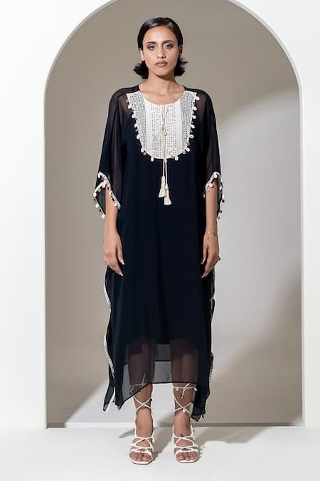 Kusmi_Black Organza Sequins Round Neck Embroidered Kaftan With Slip _Online_at_Aza_Fashions