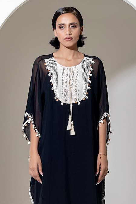 Buy_Kusmi_Black Organza Sequins Round Neck Embroidered Kaftan With Slip _Online_at_Aza_Fashions