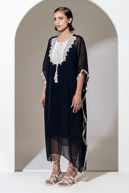 Shop_Kusmi_Black Organza Sequins Round Neck Embroidered Kaftan With Slip _Online_at_Aza_Fashions
