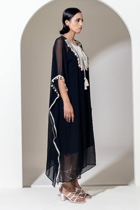 Kusmi_Black Organza Sequins Round Neck Embroidered Kaftan With Slip _at_Aza_Fashions