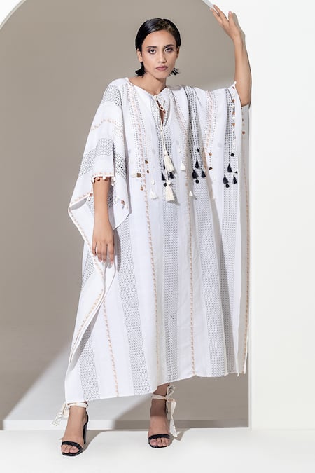 KUSMI White 100% Handwoven Cotton Embroidered Sequin Shell Kaftan With Slip 