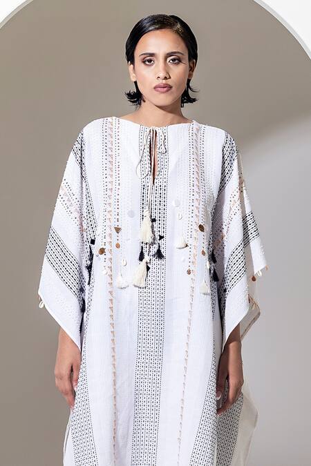 Buy_Kusmi_White Cotton Sequins Round Neck Shell Embroidered Kaftan With Slip _Online_at_Aza_Fashions